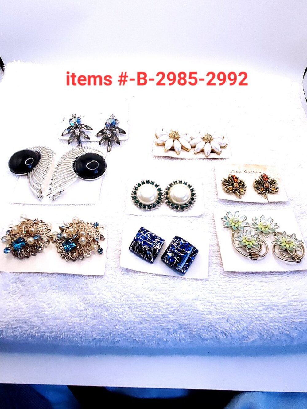 8 Vintage Pair of Clip on Earrings, items # B- 2985-2992,. wt. @ 130 grams.